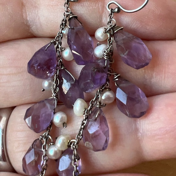 VINTAGE 925 SS FACETED MULTI AMETHYST PEARL CLUSTER BUNCH DANGLE DROP EARRINGS - Picture 16 of 16